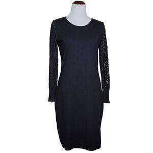 Calvin Klein Long Sleeve Lace Zipper Midi Dress Black Medium